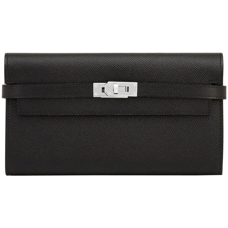 Hermes Black Kelly Long Wallet Clutch Epsom Palladium Hardware