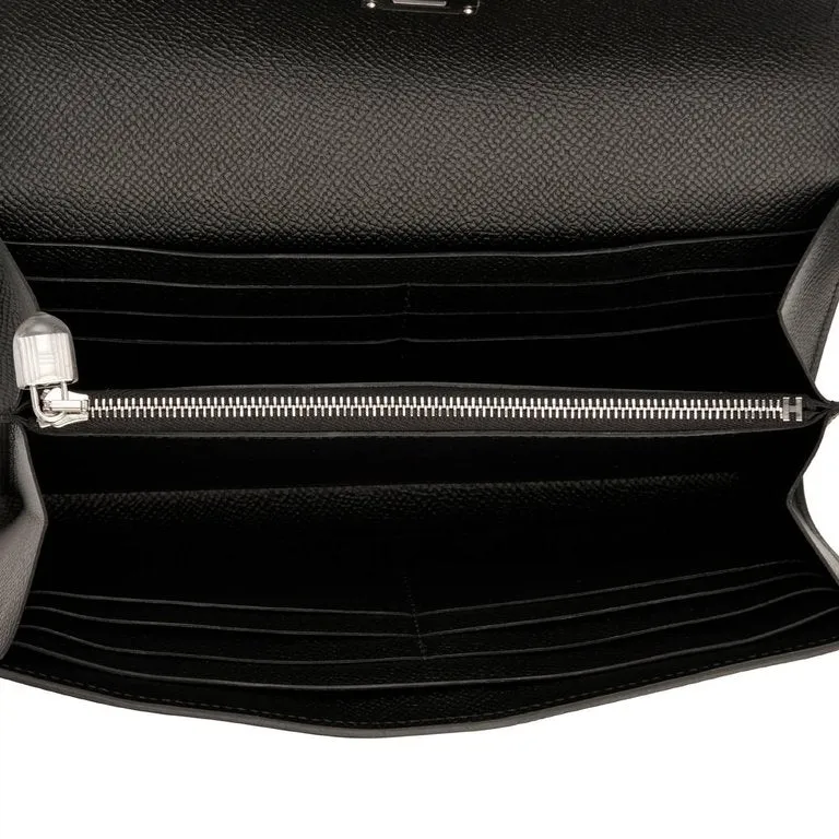 Hermes Black Kelly Long Wallet Clutch Epsom Palladium Hardware