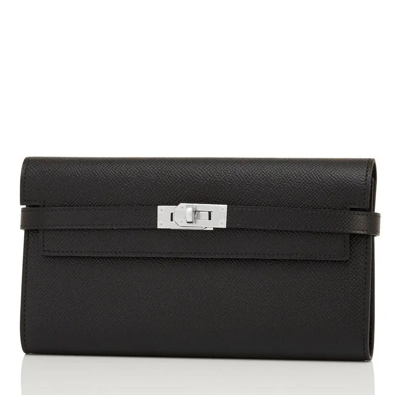 Hermes Black Kelly Long Wallet Clutch Epsom Palladium Hardware