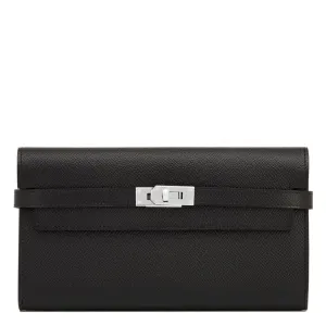Hermes Black Kelly Long Wallet Clutch Epsom Palladium Hardware