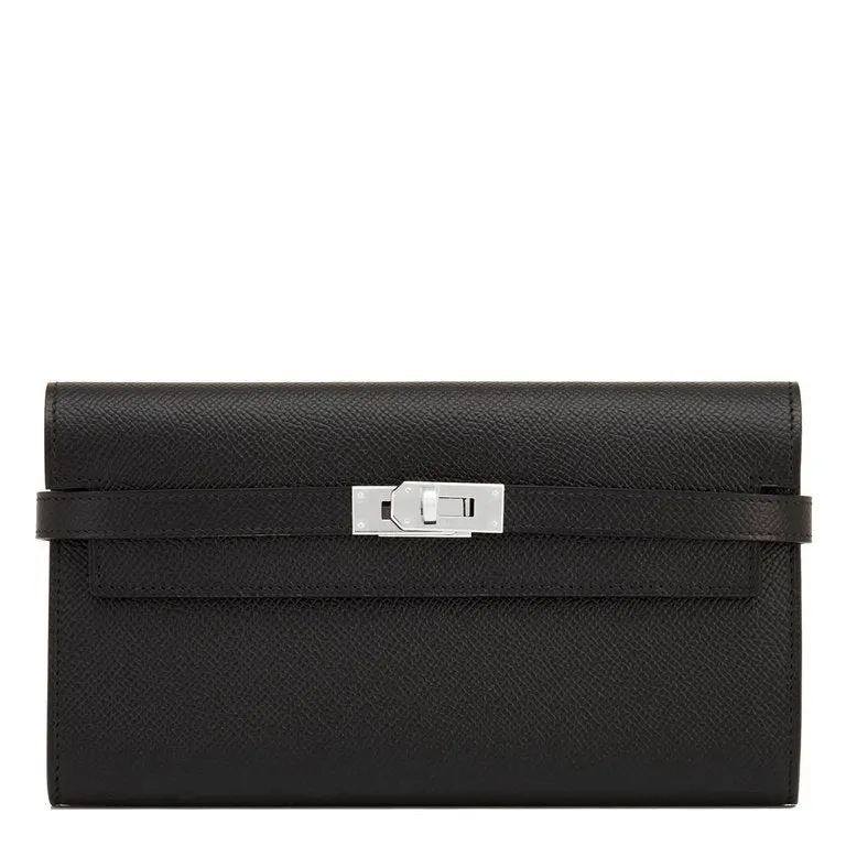 Hermes Black Kelly Long Wallet Clutch Epsom Palladium Hardware