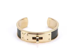 Hermes Vintage Kelly Cuff Gold Plated Bracelet with Dark Green Leather Trim, no Dust Cover & Box