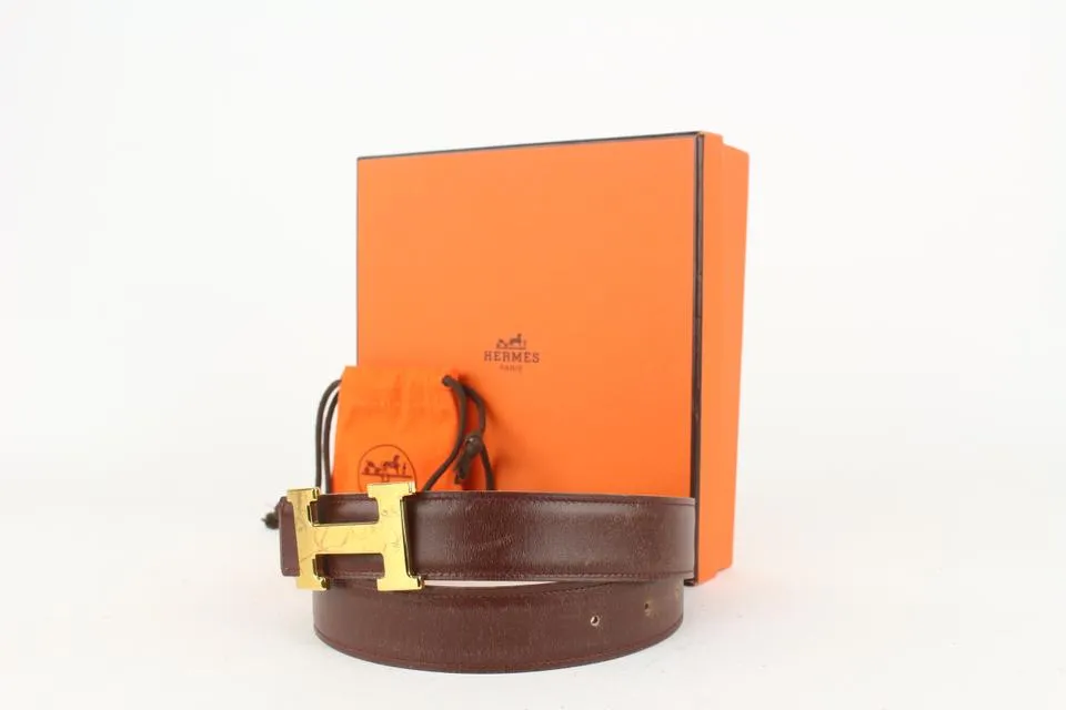 Hermès Brown x Gold 32mm Reversible H Logo Belt Kit 11her721