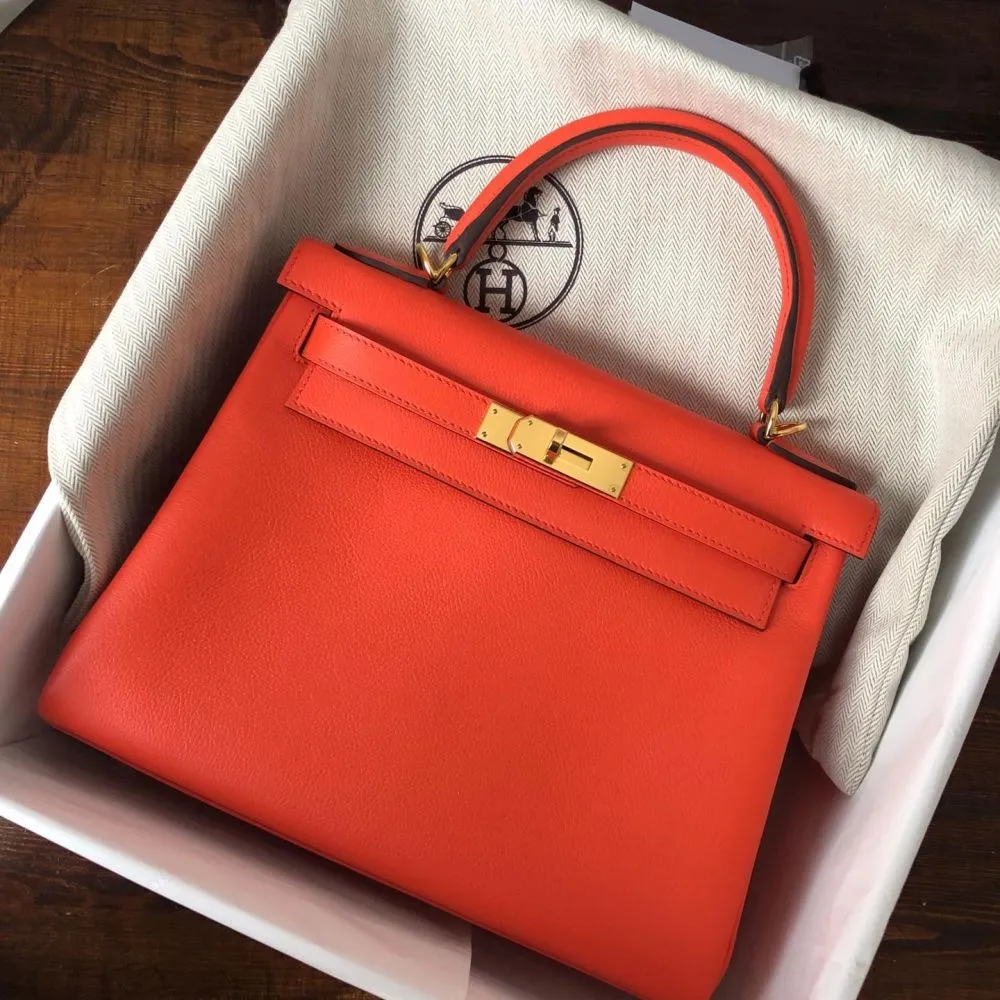 Hermès Kelly 28 Orange Poppy Evercolor Gold Hardware GHW