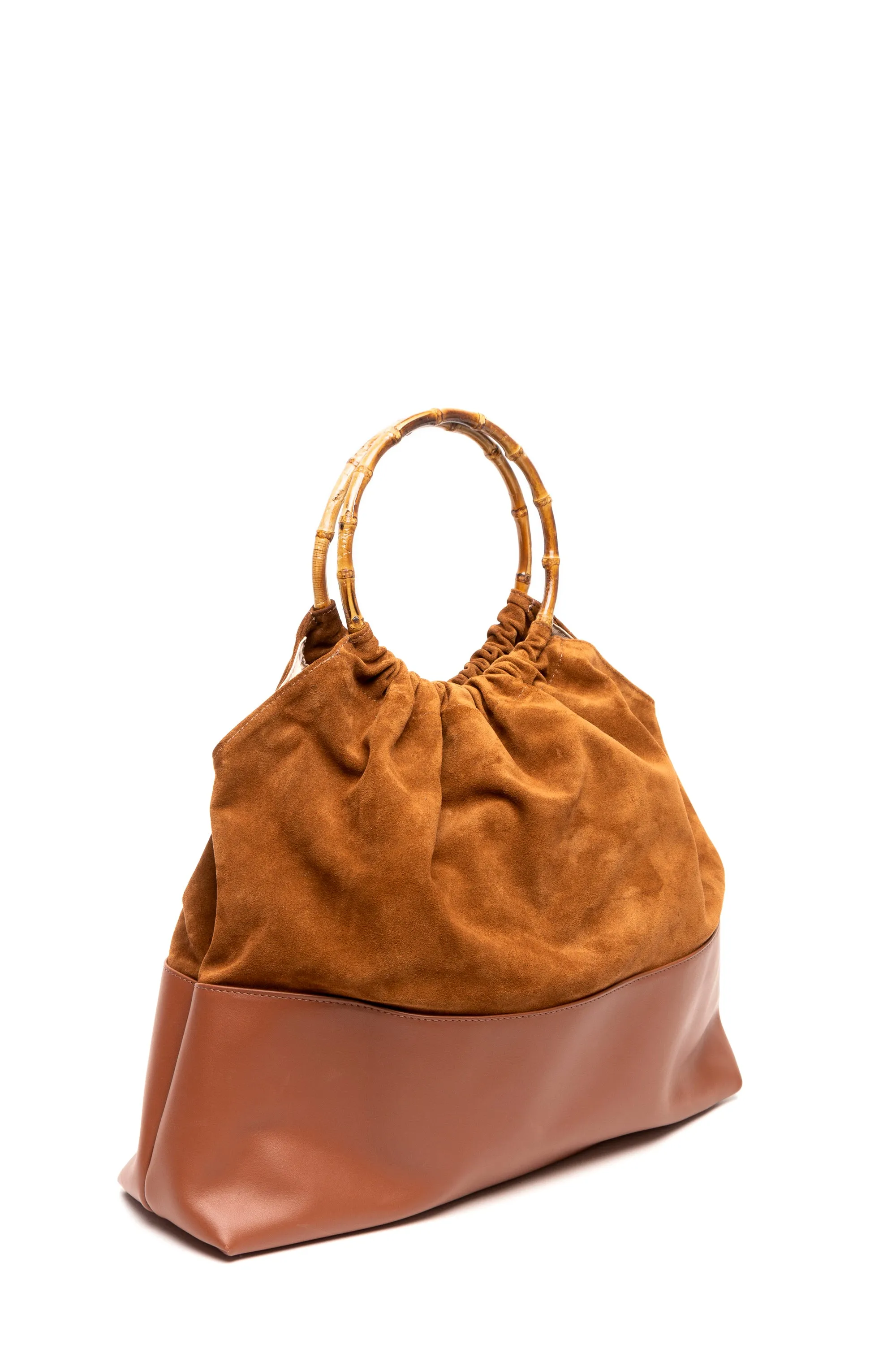 Ines Caramel Leather & Suede Bamboo Handle Bag