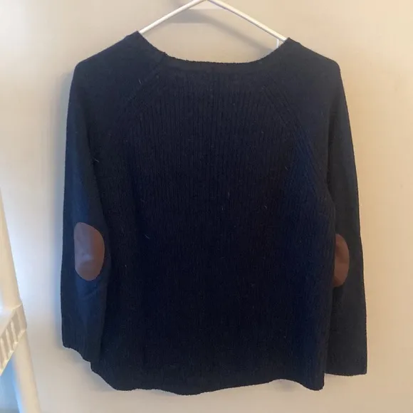 J. Crew Sz XS 100% Wool Black Sweater With Leather Elbow Trim