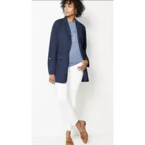 J. Jill Sz M Blue Slat Open Front Tab Sleeve Cotton Blend Long Blazer Jacket