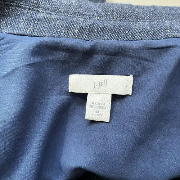 J. Jill Sz M Blue Slat Open Front Tab Sleeve Cotton Blend Long Blazer Jacket