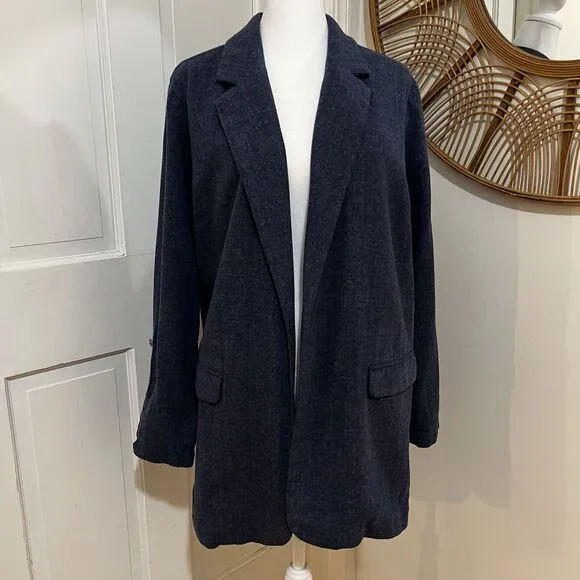 J. Jill Sz M Blue Slat Open Front Tab Sleeve Cotton Blend Long Blazer Jacket