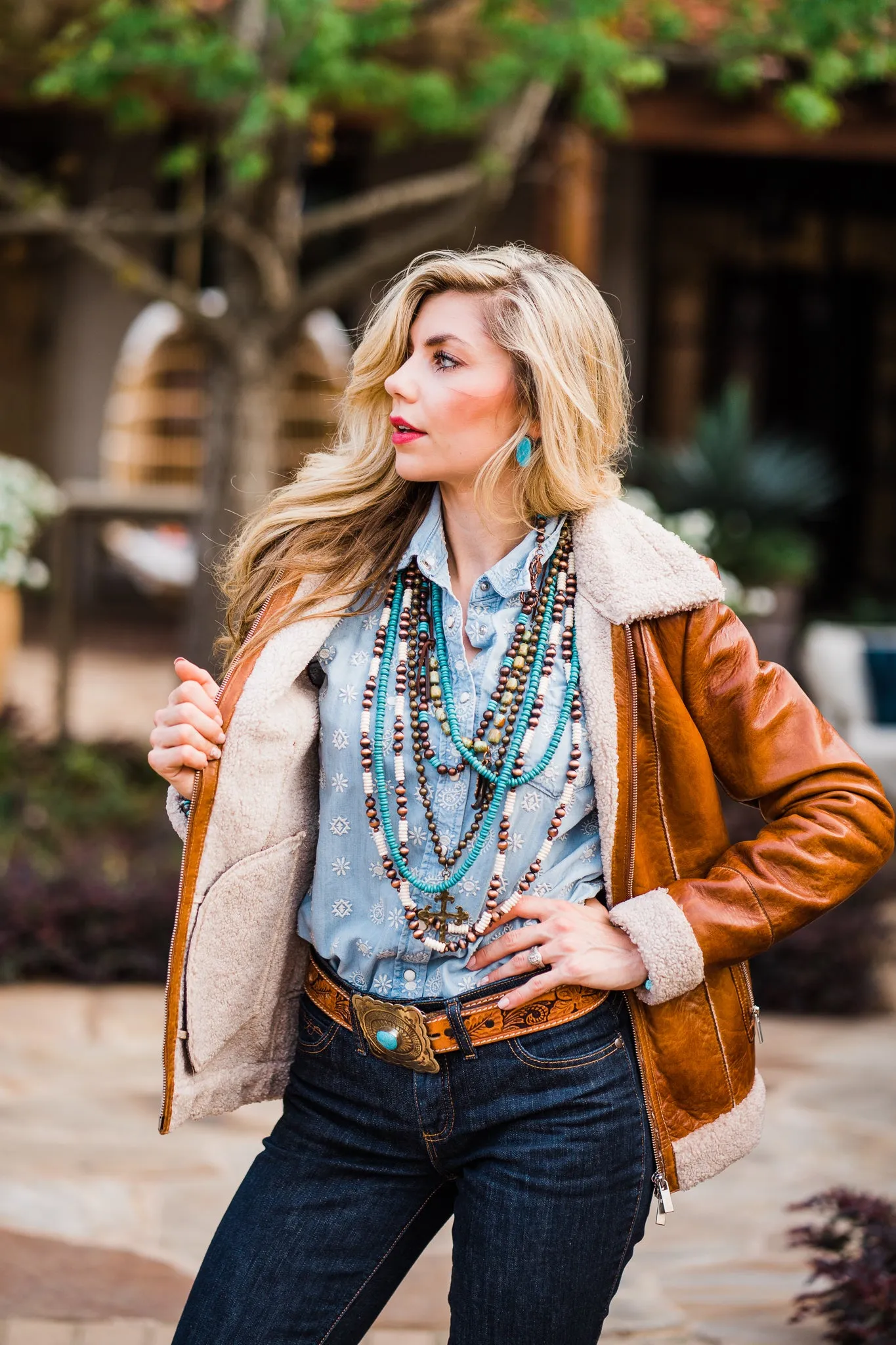 Jacket, Cognac Leather with Faux Shearling - Style L1118