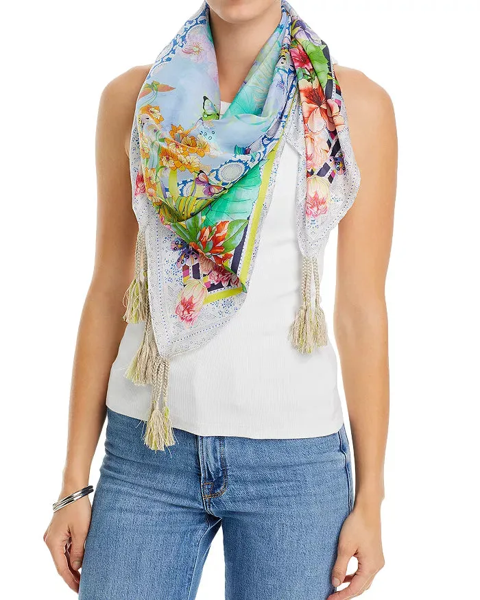 Johnny Was Cozumel Scarf Flower Silk Square Large Butterfly Green Scarves Tassels New