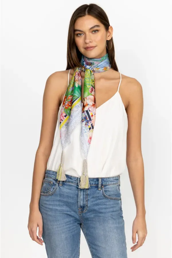 Johnny Was Cozumel Scarf Flower Silk Square Large Butterfly Green Scarves Tassels New