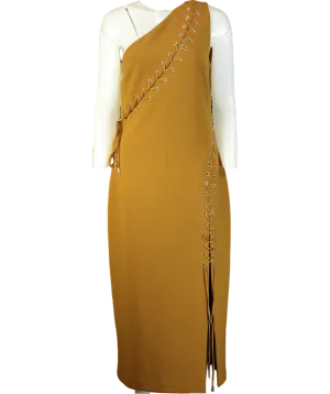 Karen Millen Brown Figure Form Laced Detail Woven One Shoulder Midi Dress UK 12