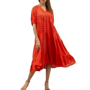 Karyn Seo Floral Embroidered V-Neck Short Sleeve Pocket A-Line Dress Size L New