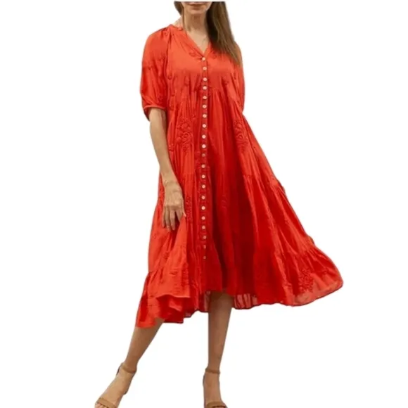 Karyn Seo Floral Embroidered V-Neck Short Sleeve Pocket A-Line Dress Size L New