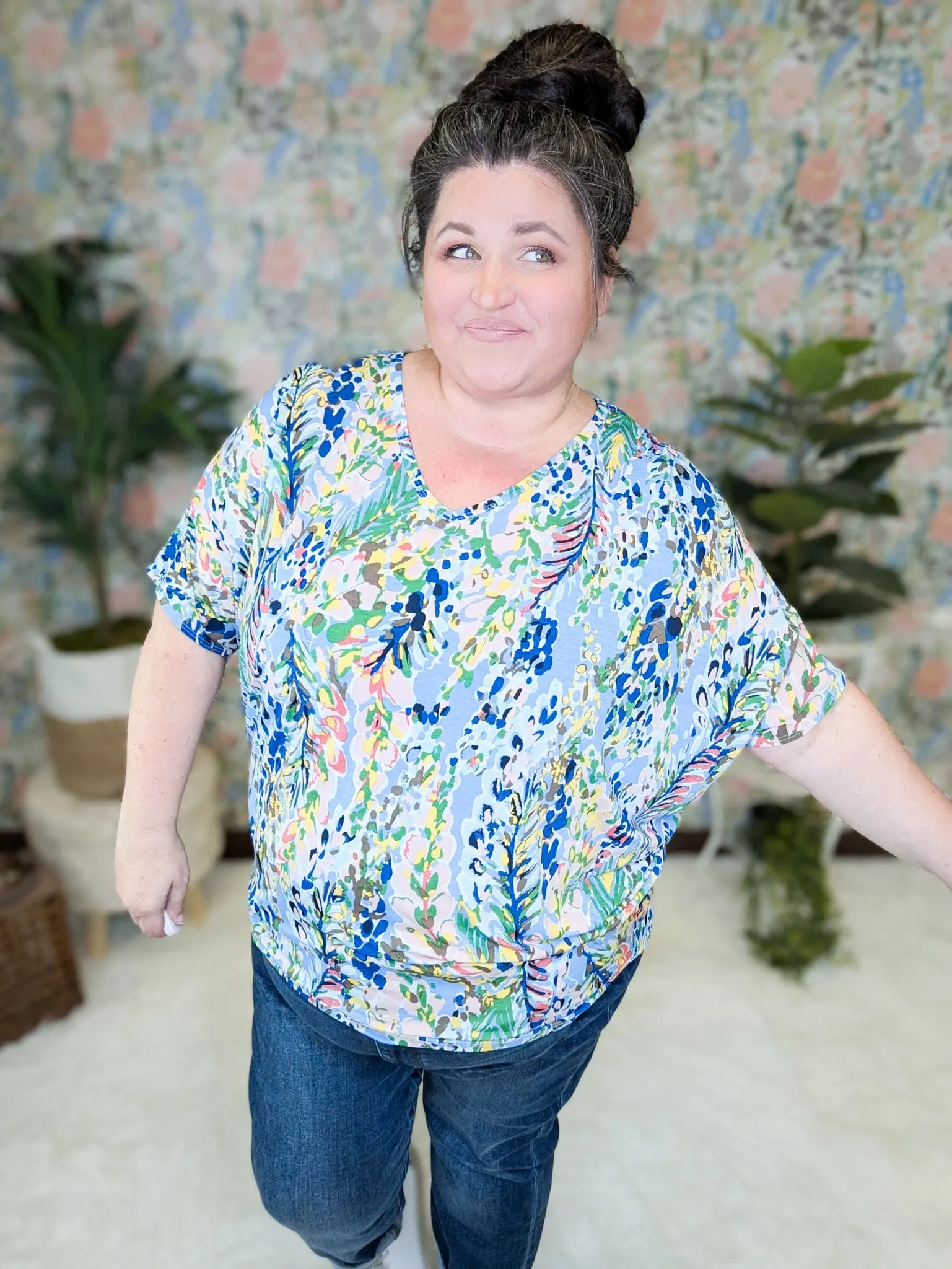 Kayse Vneck Dolman Short Sleeve in Bright Botanicals (3 colors)