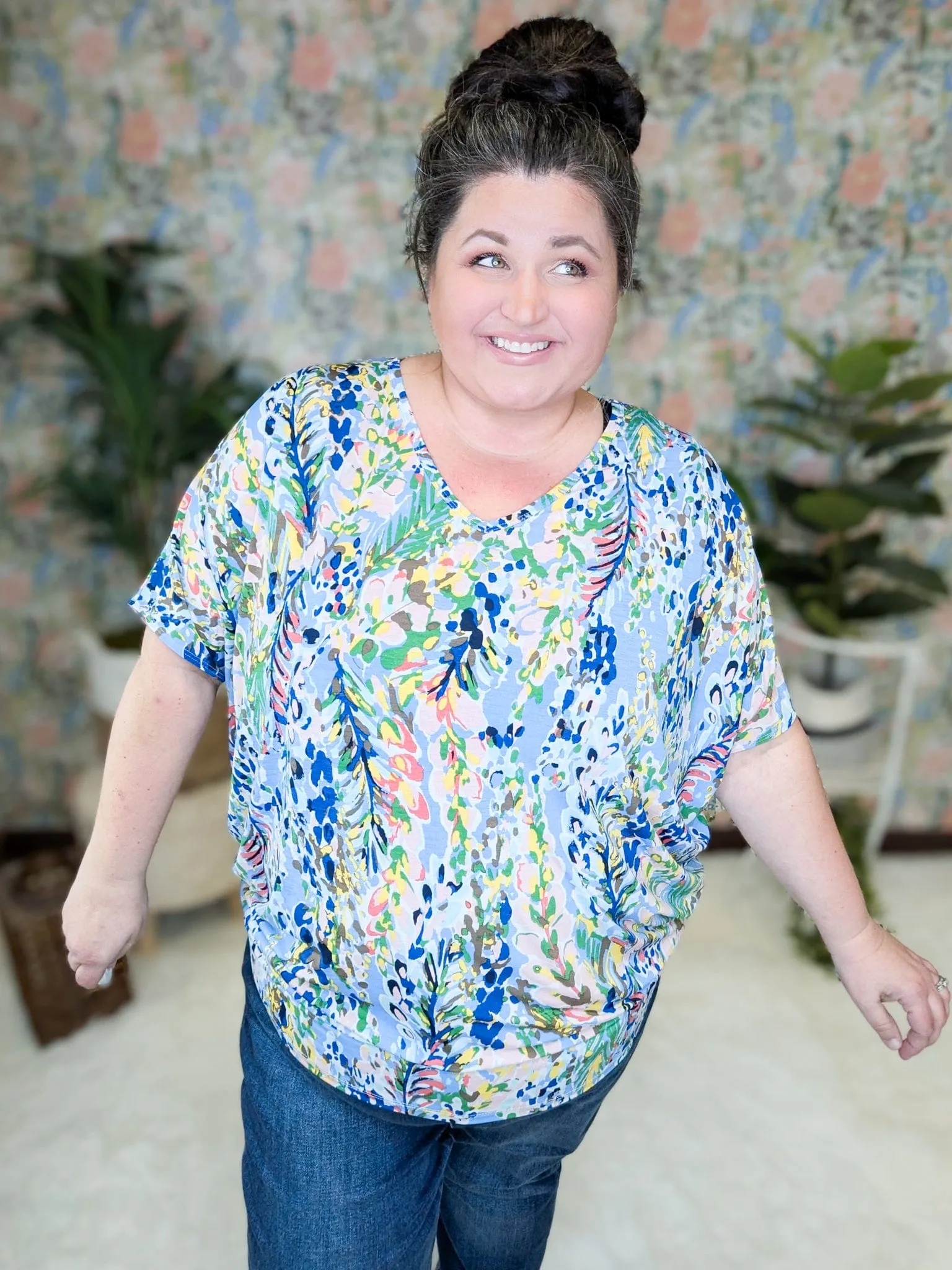 Kayse Vneck Dolman Short Sleeve in Bright Botanicals (3 colors)