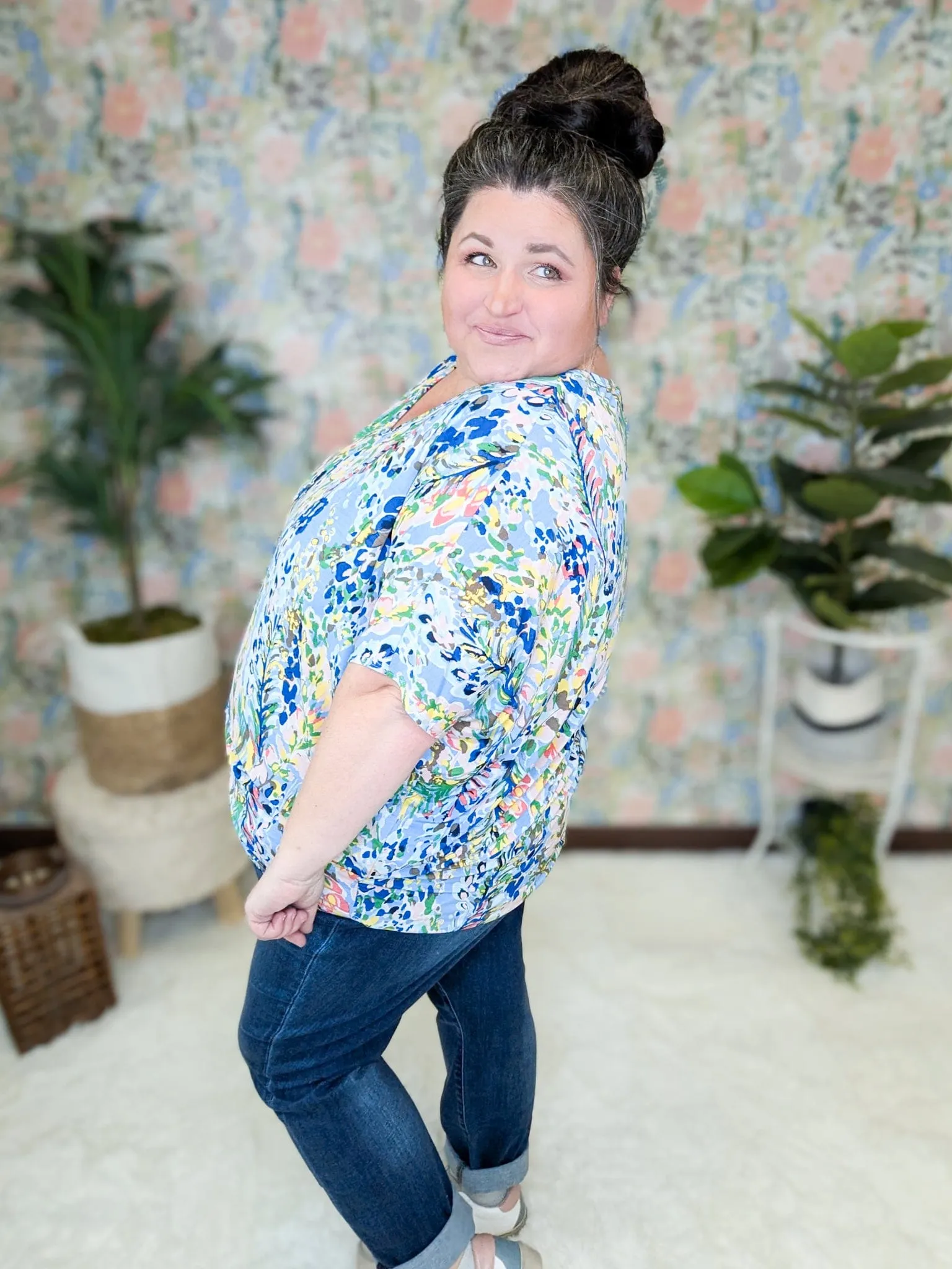 Kayse Vneck Dolman Short Sleeve in Bright Botanicals (3 colors)
