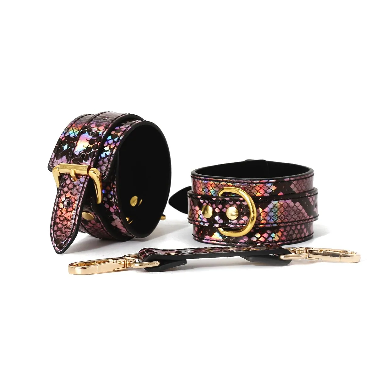 Kiotos Leather - Handboeien Met Reptielenprint - Goud/Roze