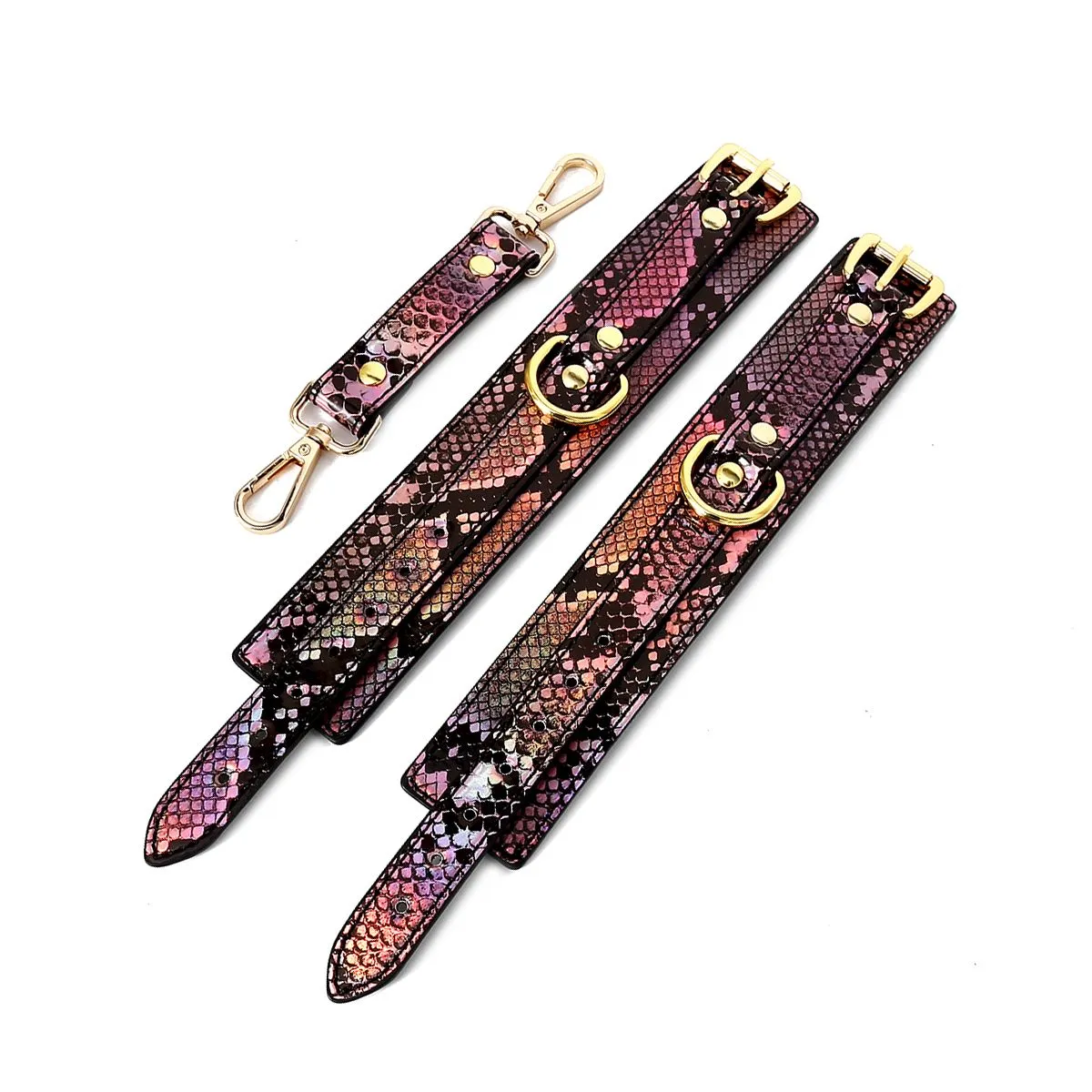 Kiotos Leather - Handboeien Met Reptielenprint - Goud/Roze