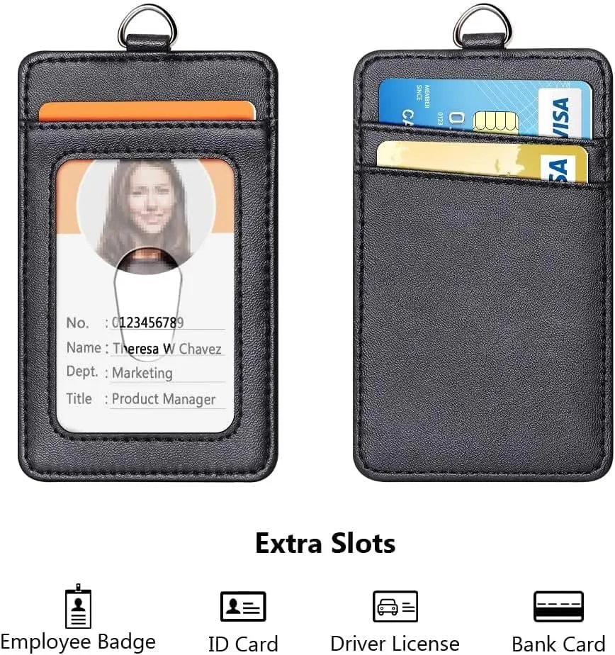 Leather ID Card Holder with Lanyard for Office, School, Staff
