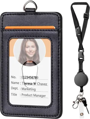 Leather ID Card Holder with Lanyard for Office, School, Staff
