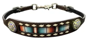 Leather Teal Serape Print wither strap with white buckstitch trim with bling conchos.