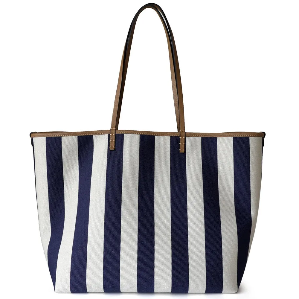 Leather Top Handle Striped Canvas Tote Bag