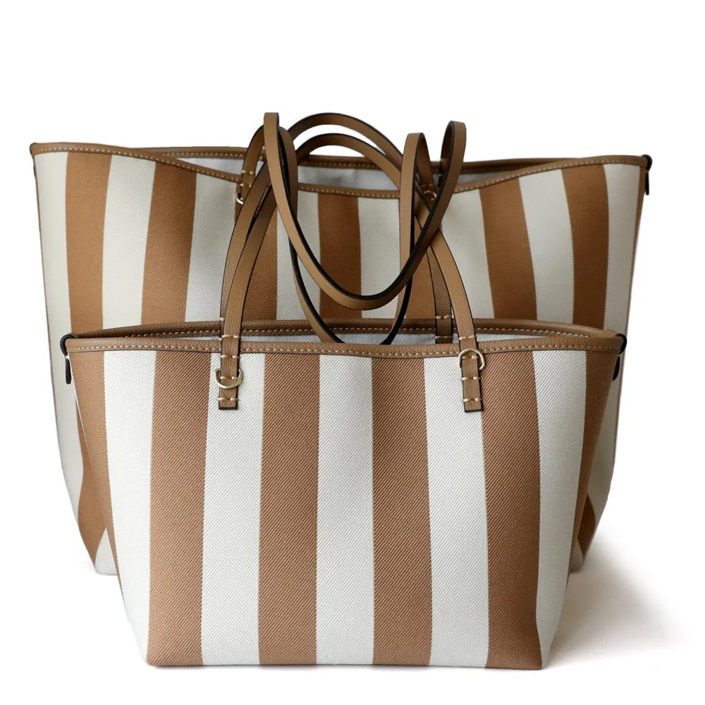 Leather Top Handle Striped Canvas Tote Bag