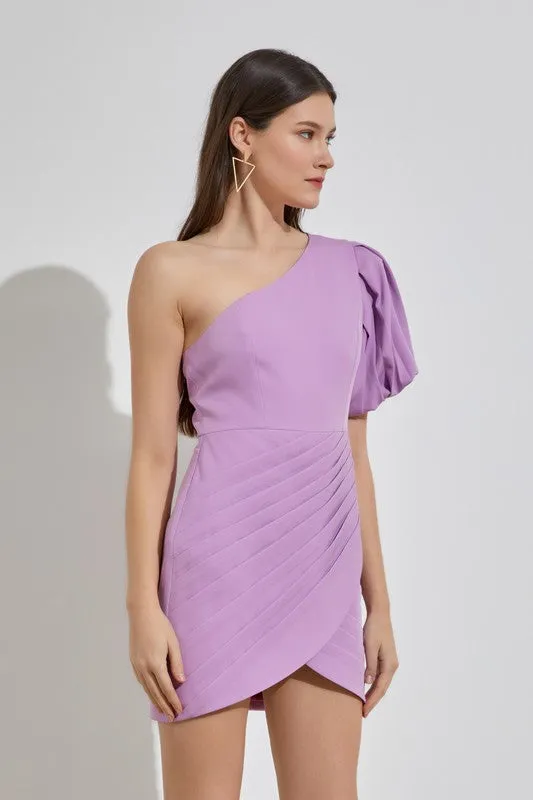 Lilac One Shoulder Ruffle Dress