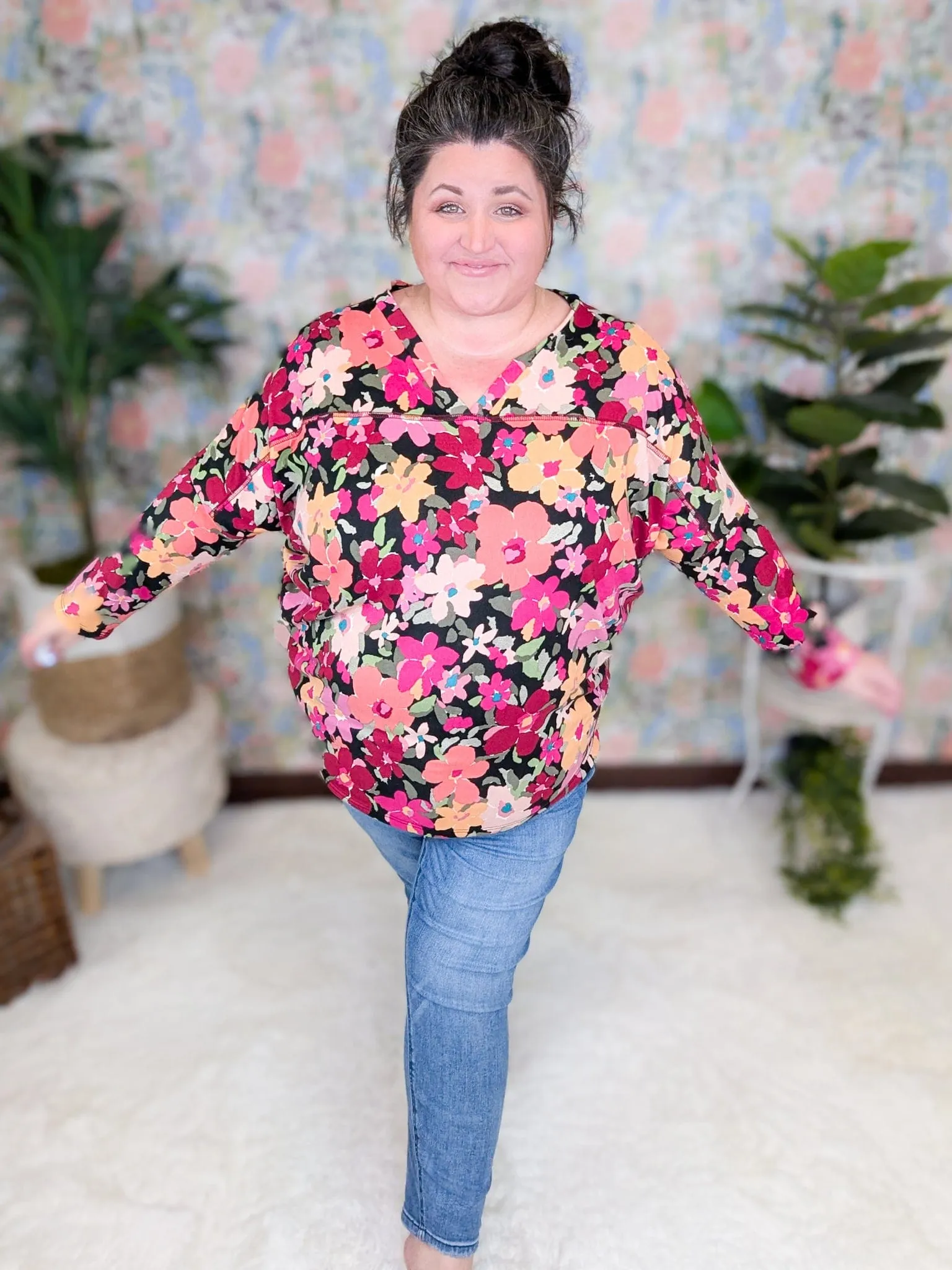 Lori Double Vee Dolman in Bold Floral on Black