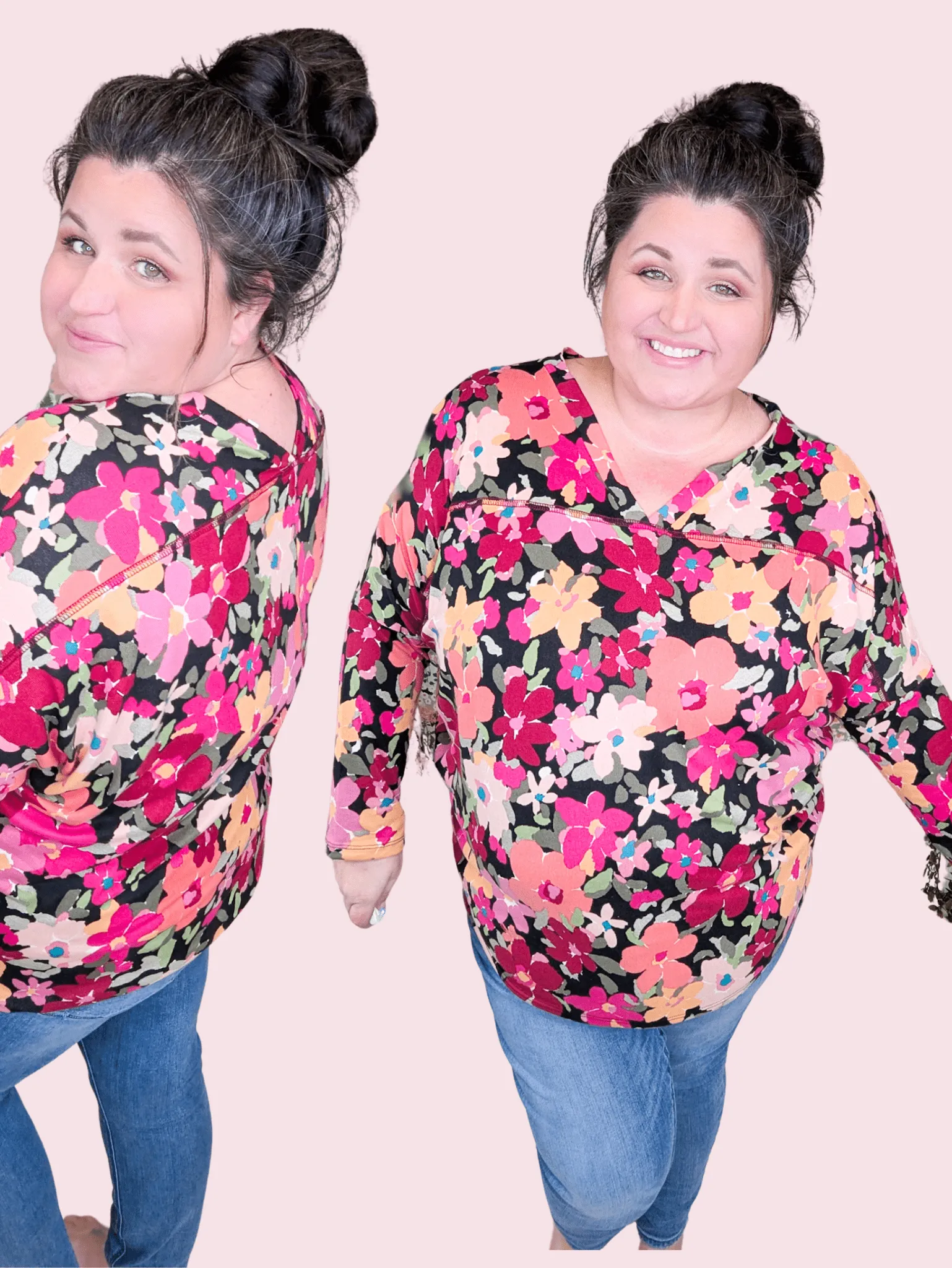 Lori Double Vee Dolman in Bold Floral on Black