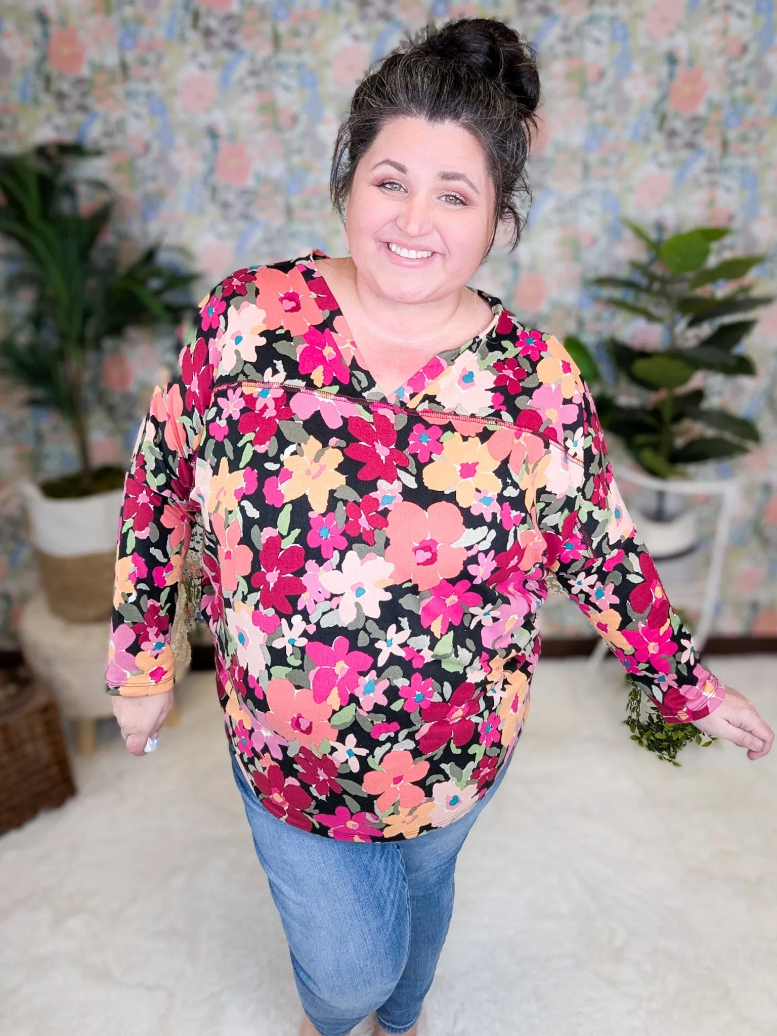 Lori Double Vee Dolman in Bold Floral on Black