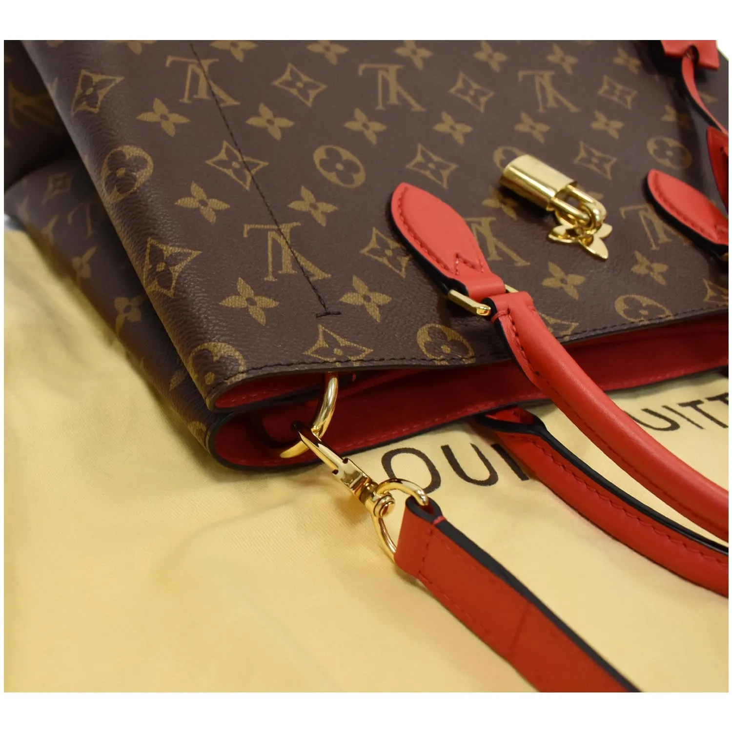 LOUIS VUITTON Flower Monogram Canvas Tote Shoulder Bag Brown/Red