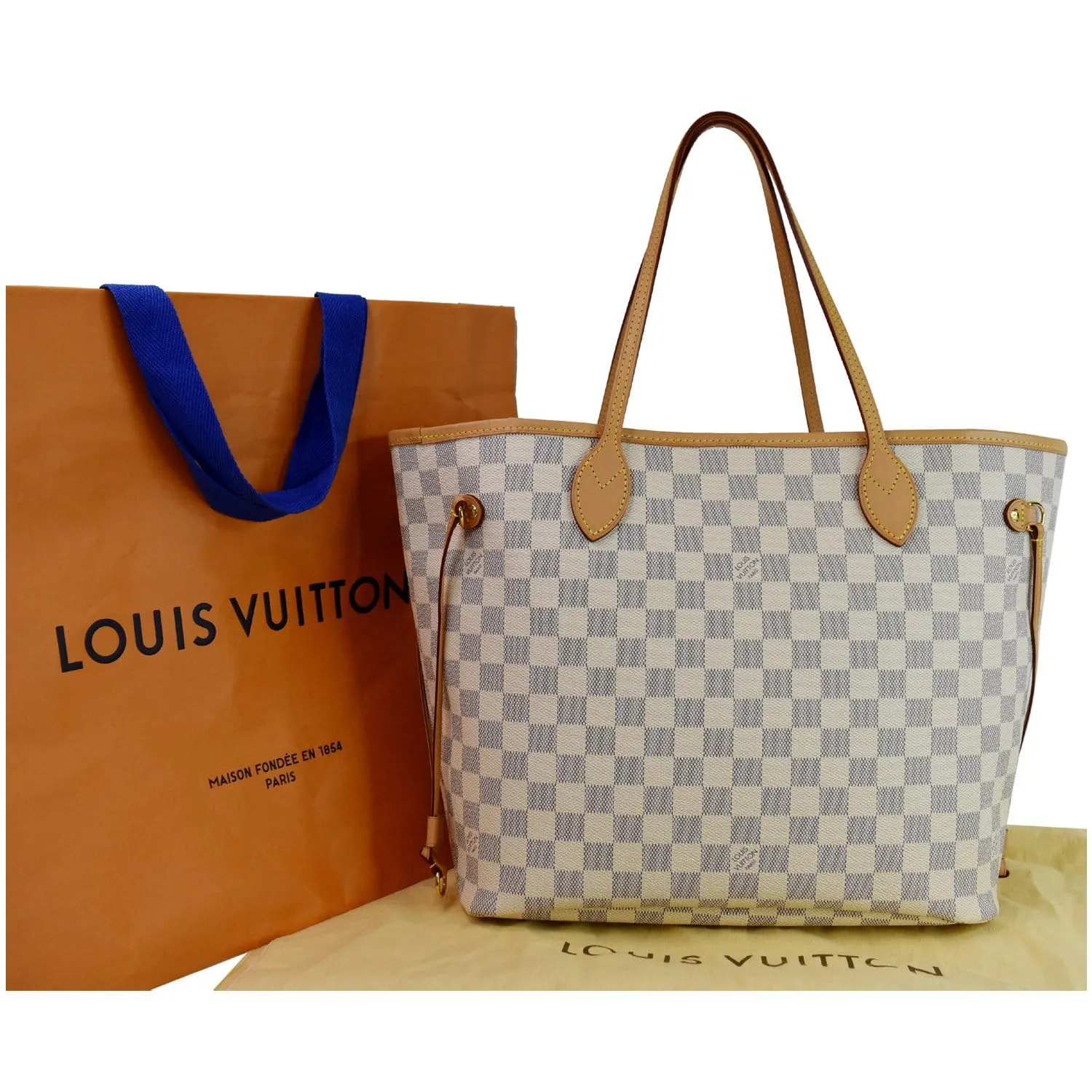 LOUIS VUITTON Neverfull MM Damier Azur Shoulder Bag White
