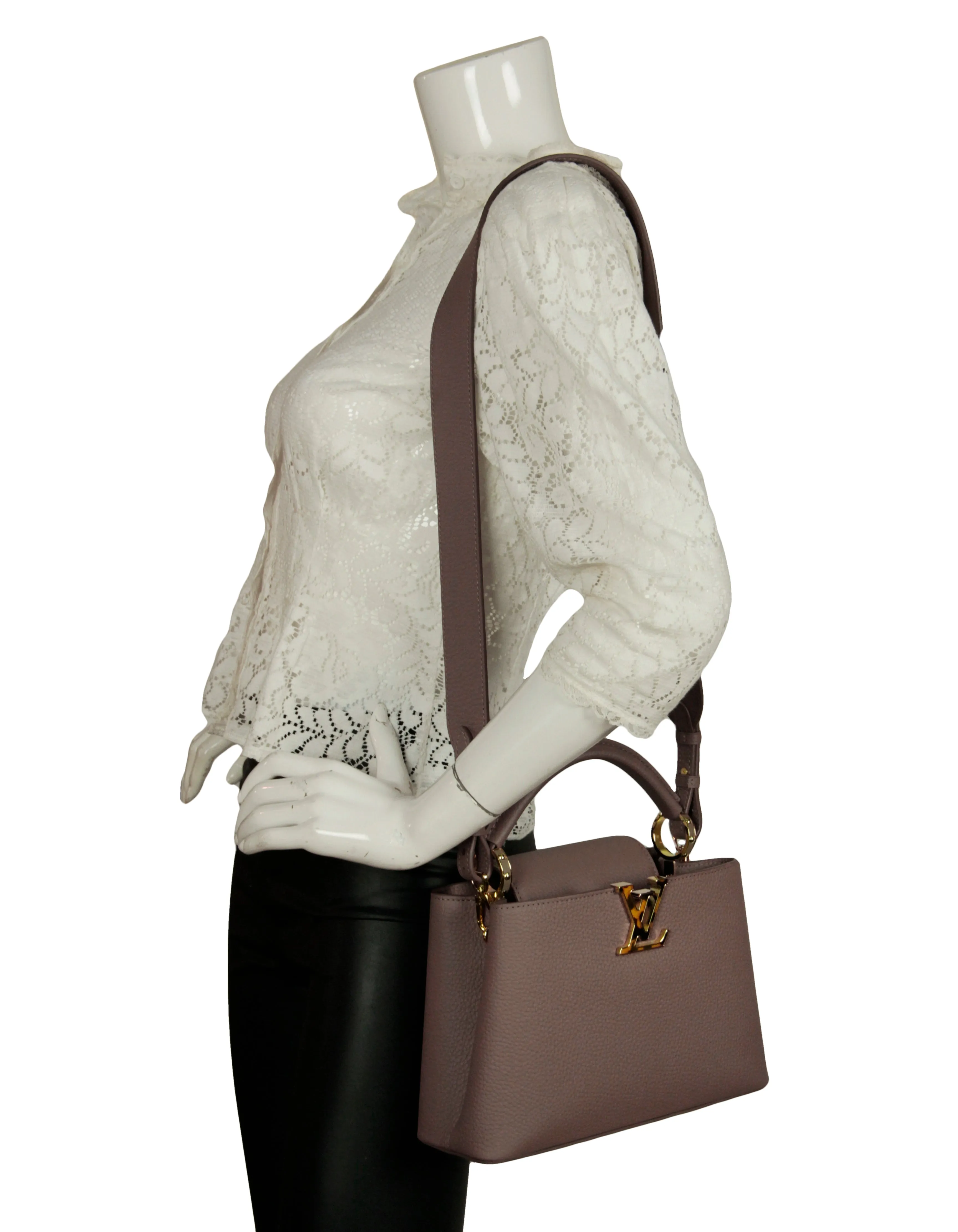 Louis Vuitton NEW Taupe Grey Leather Tortoise Capucines BB Bag
