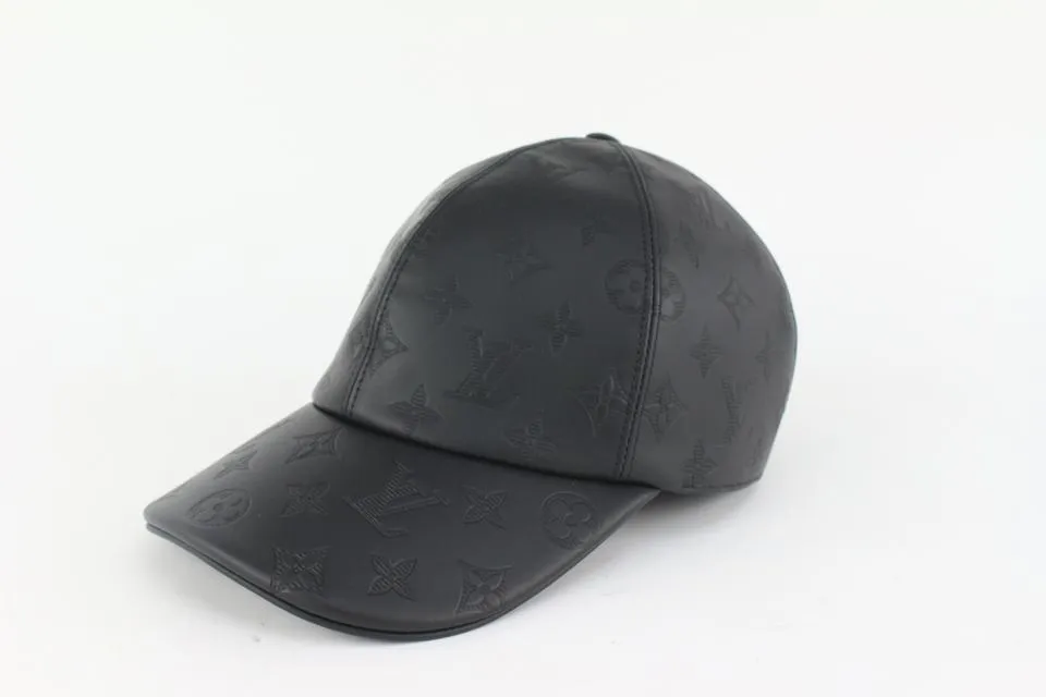 Louis Vuitton Size 60 Black Leather Monogram Shadow Cap Baseball Hat 123lv19