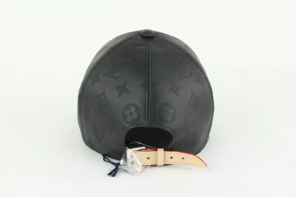 Louis Vuitton Size 60 Black Leather Monogram Shadow Cap Baseball Hat 123lv19