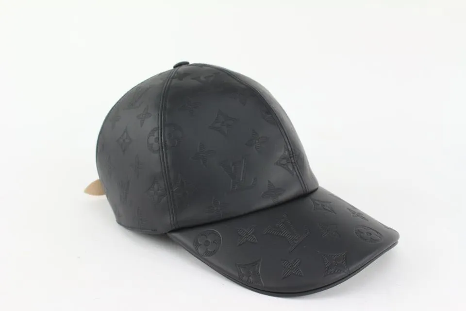Louis Vuitton Size 60 Black Leather Monogram Shadow Cap Baseball Hat 123lv19