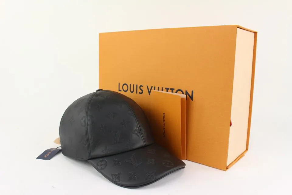 Louis Vuitton Size 60 Black Leather Monogram Shadow Cap Baseball Hat 123lv19