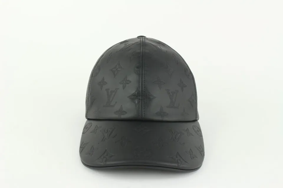 Louis Vuitton Size 60 Black Leather Monogram Shadow Cap Baseball Hat 123lv19