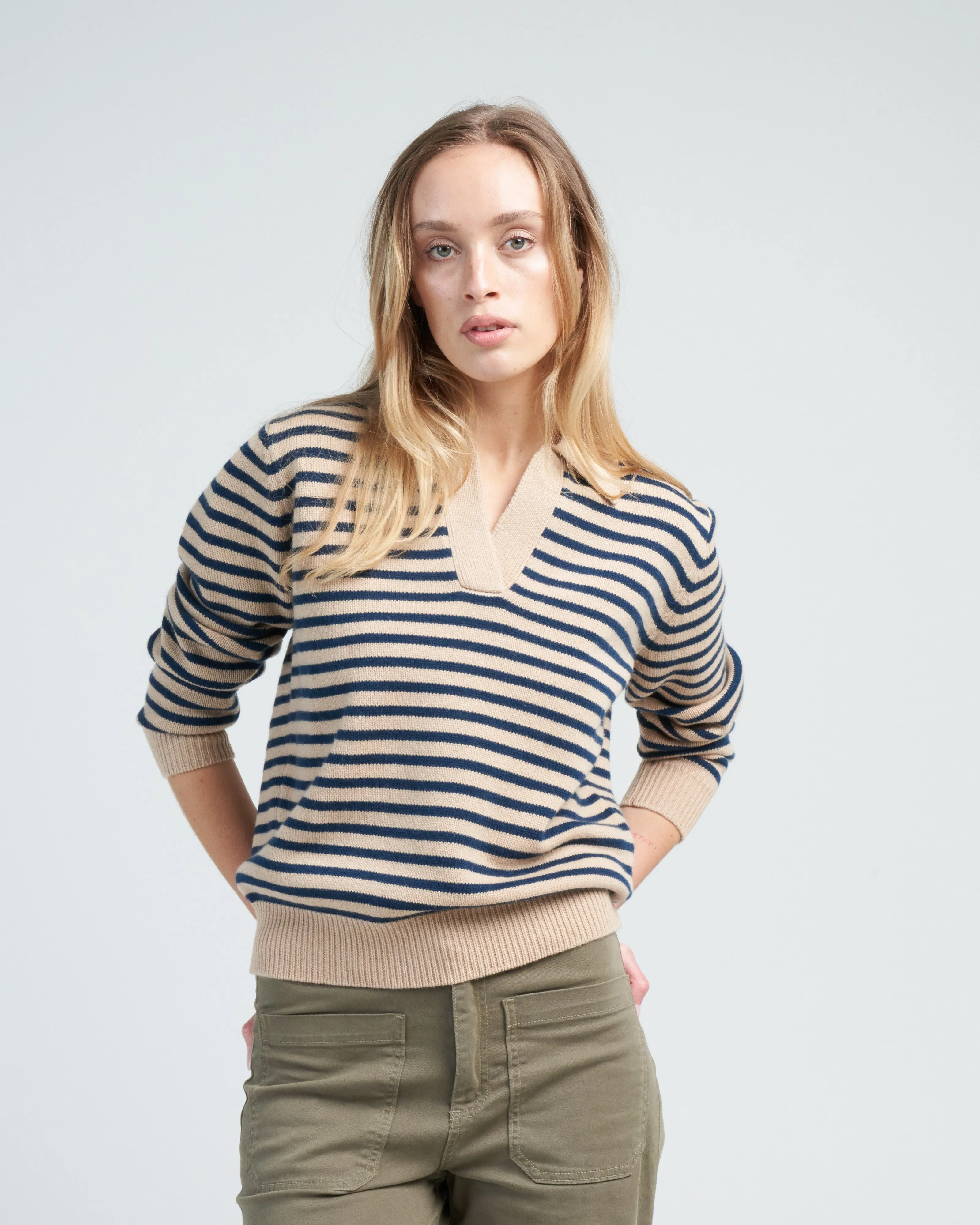 lucian stripe sweater - biscuit/dark indigo
