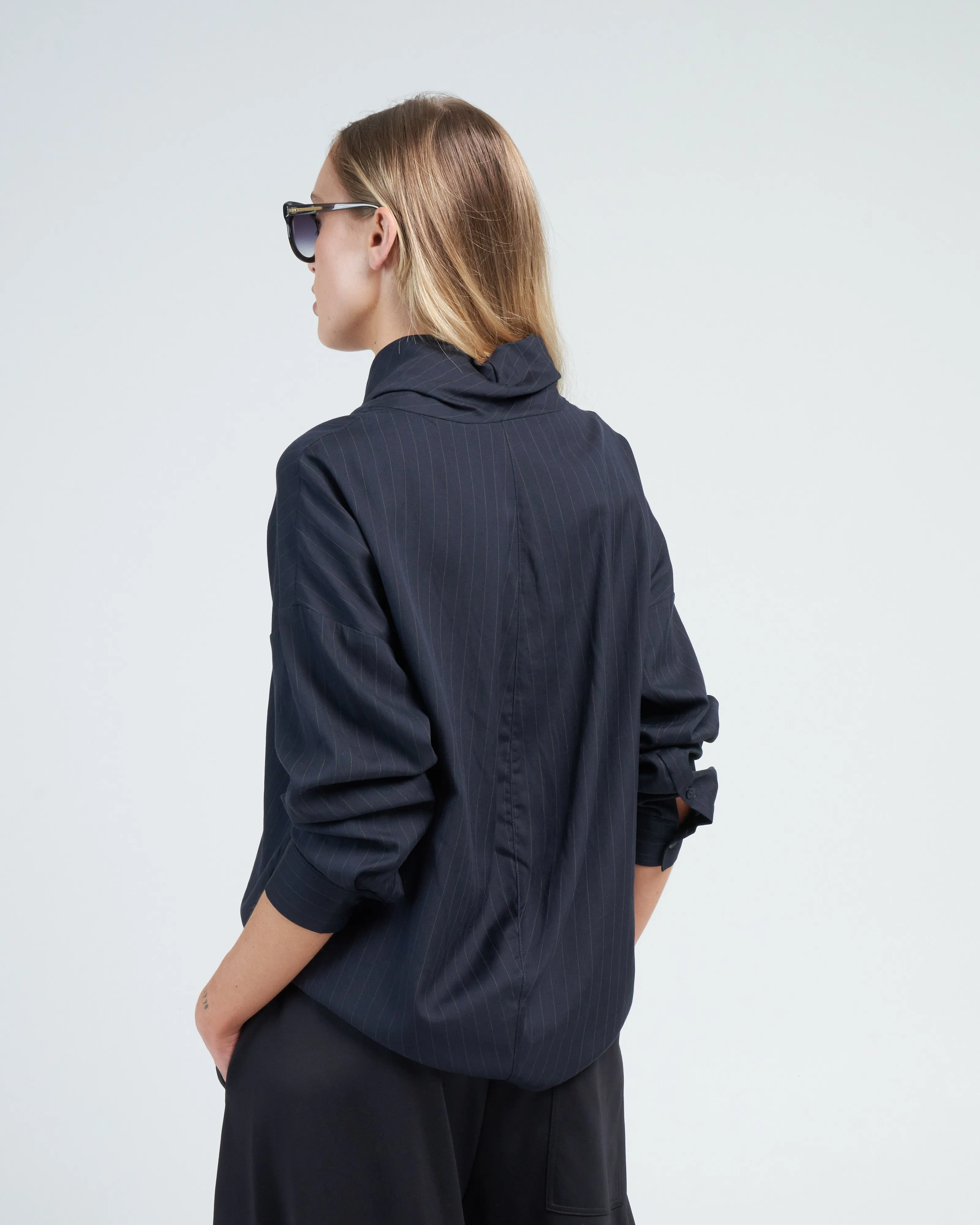 lyocell drape cowl neck top - navy multi