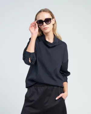 lyocell drape cowl neck top - navy multi