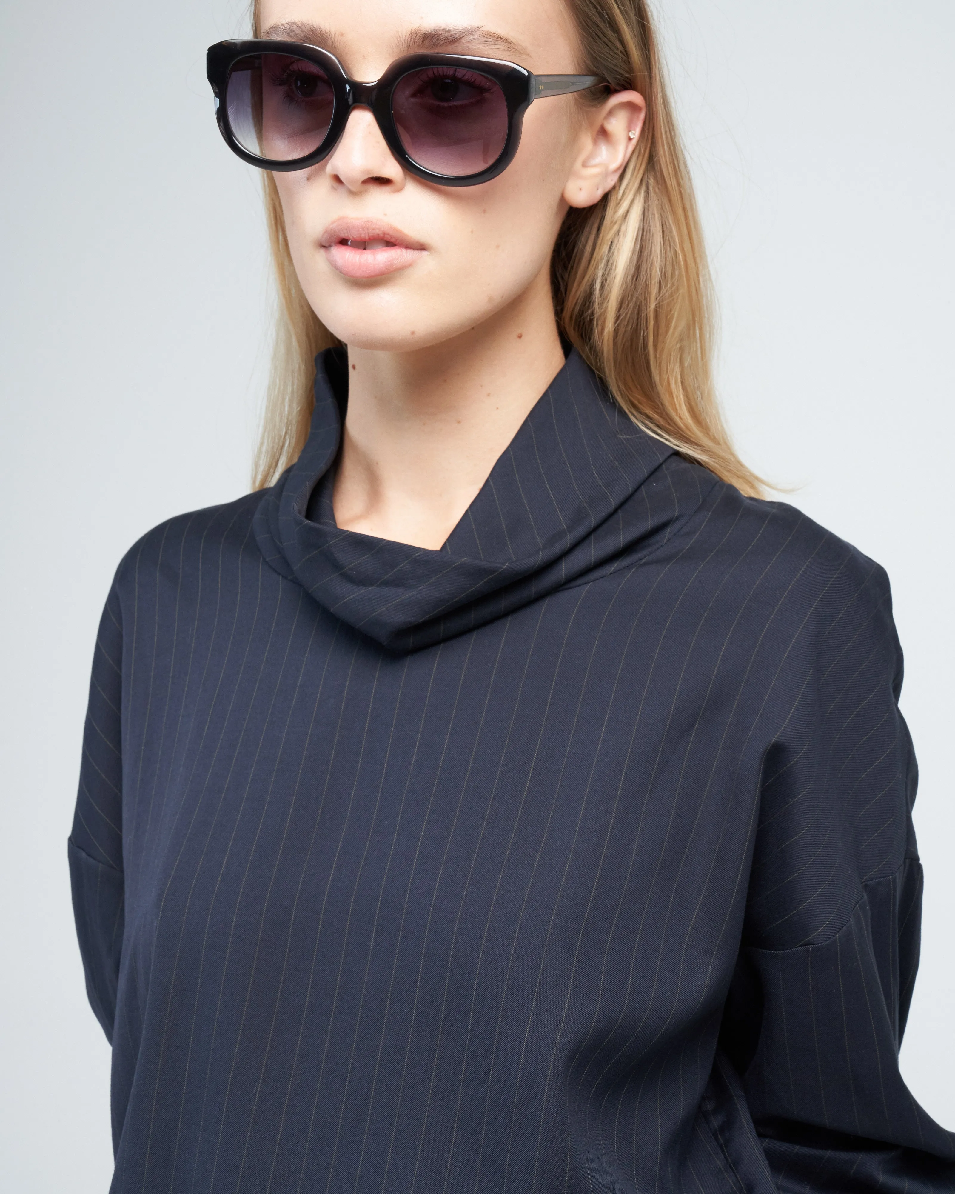 lyocell drape cowl neck top - navy multi