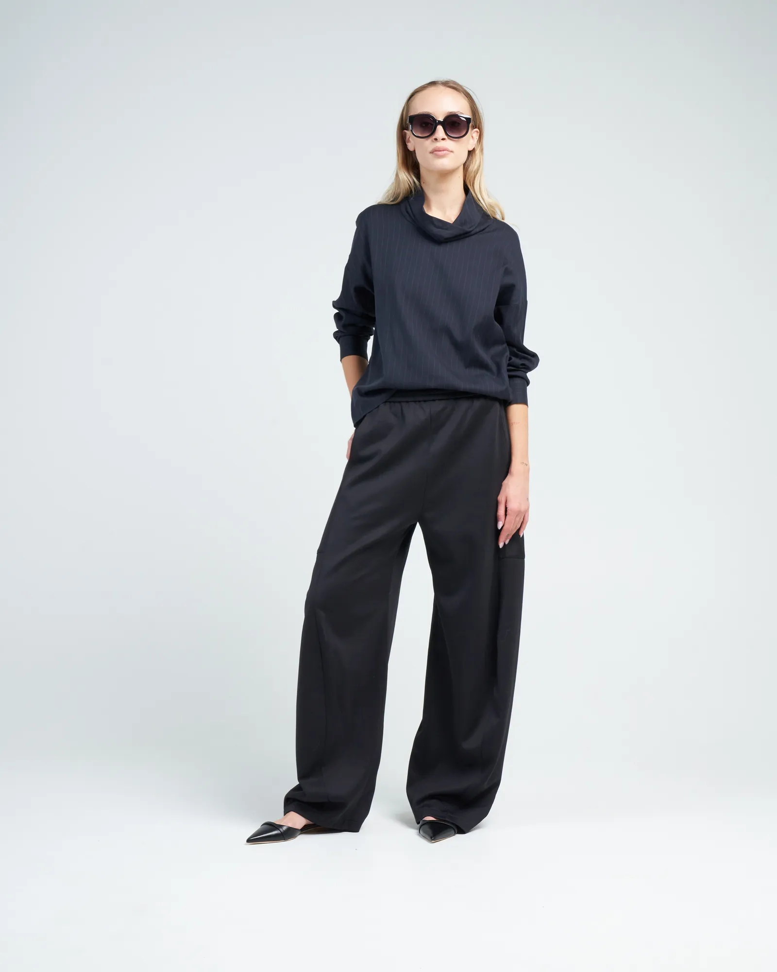 lyocell drape cowl neck top - navy multi