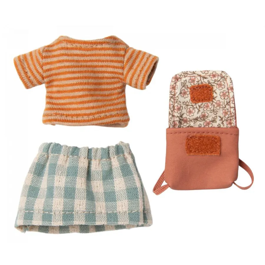 maileg big sister tricycle mouse with bag, old rose