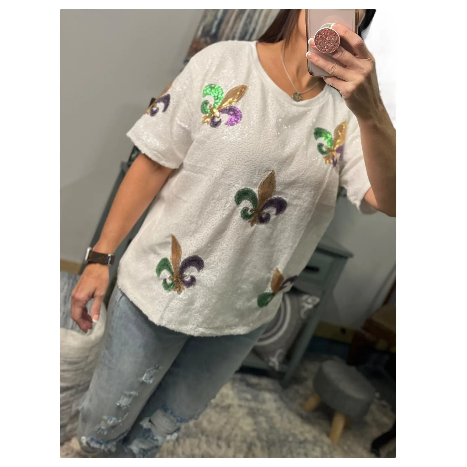 Mardi Gras Sequined Fleur de Lis Short Sleeves NOLA Parade Purple Green Gold White