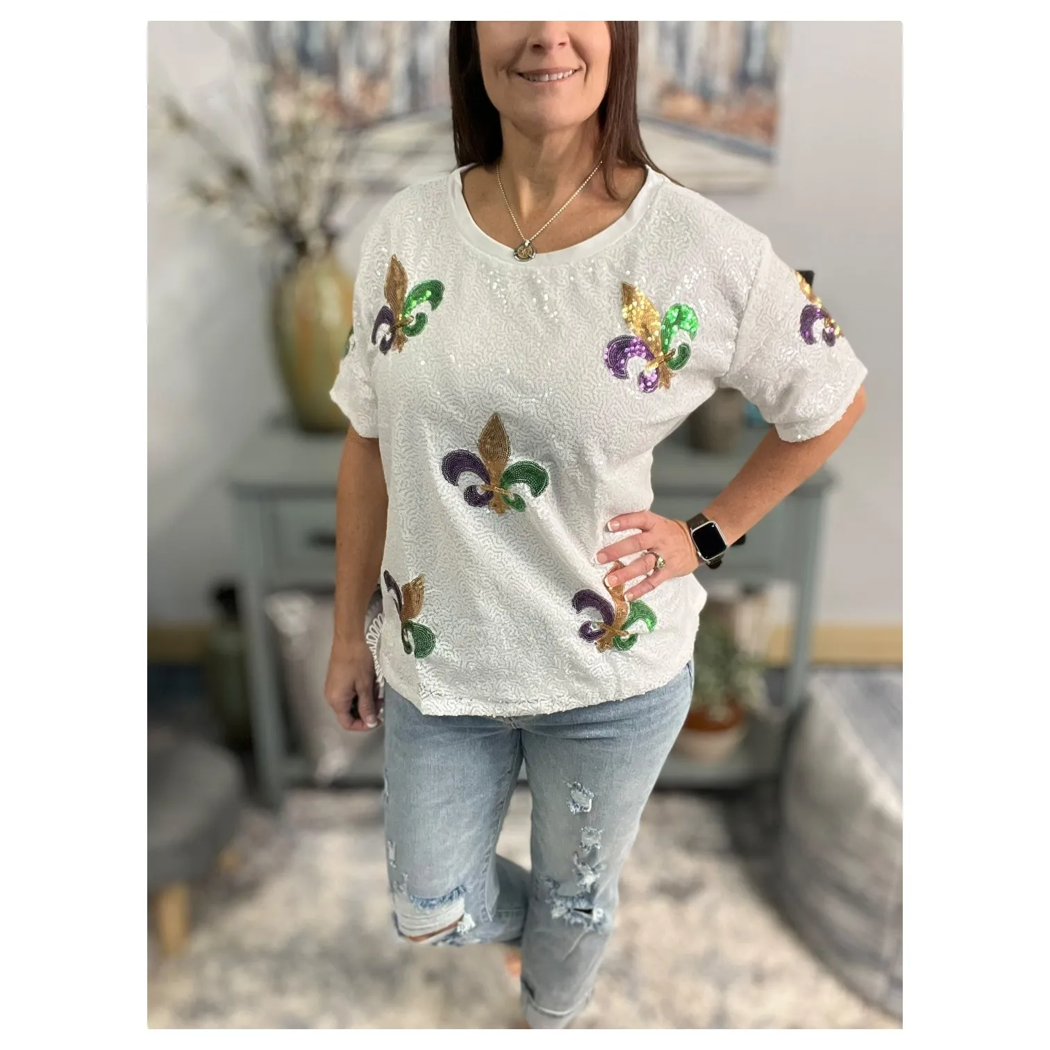 Mardi Gras Sequined Fleur de Lis Short Sleeves NOLA Parade Purple Green Gold White