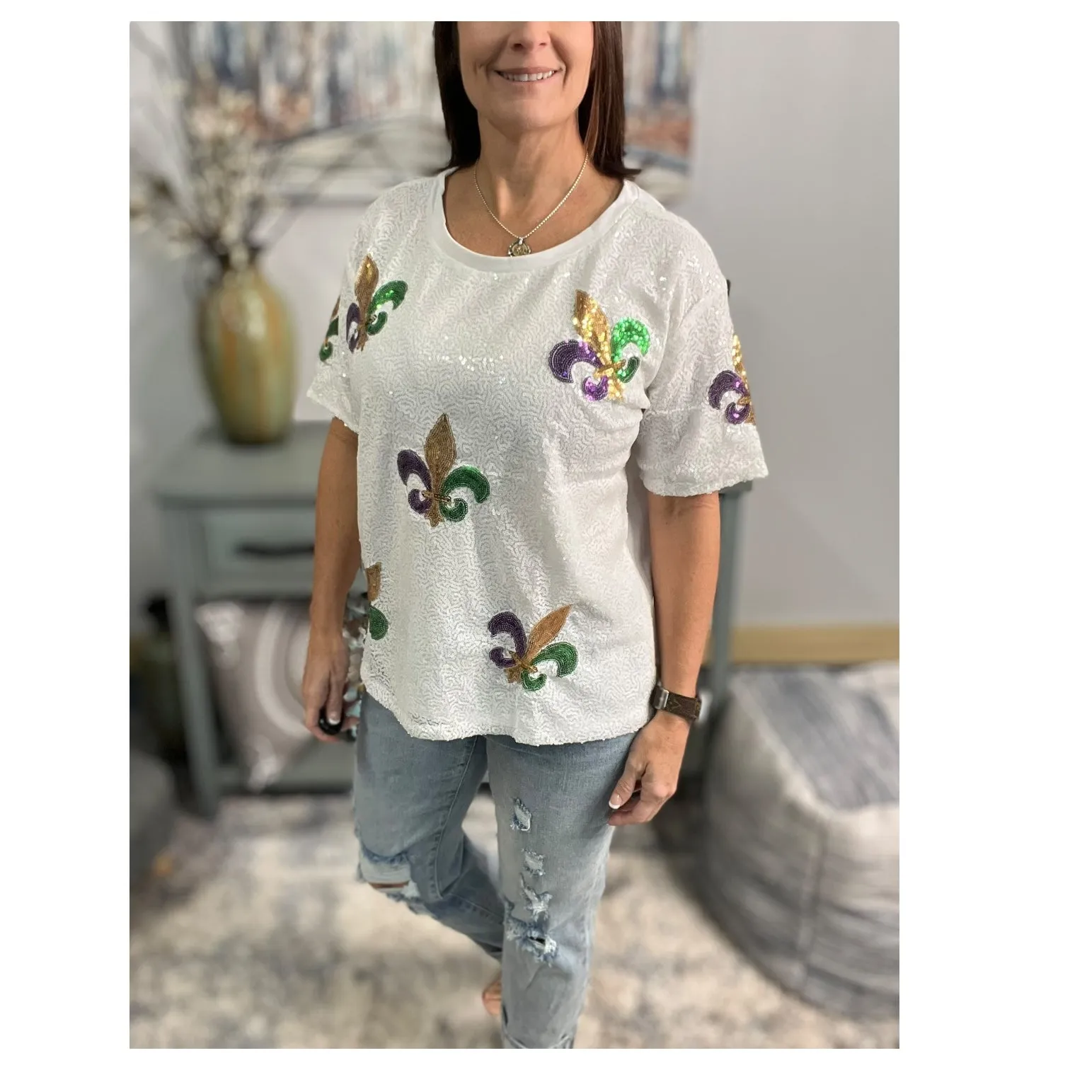 Mardi Gras Sequined Fleur de Lis Short Sleeves NOLA Parade Purple Green Gold White
